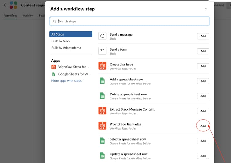 Jira and Slack screenshot showing how to use the improved prompt step feature in Workflow Steps for Jira app for Slack