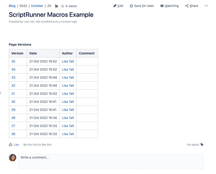 Screenshot of Versions History macro in use