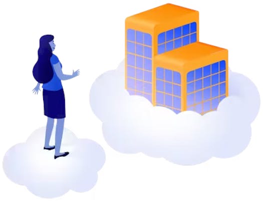 Women floating on a cloud looking at servers floating on clouds.