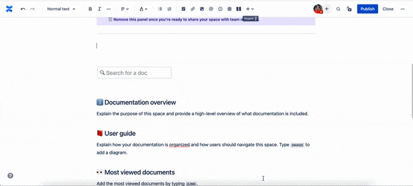 Gif showing the process of adding a Confluence macro to a page