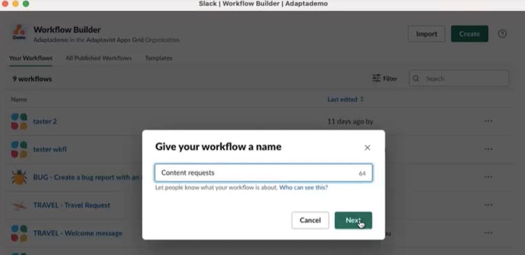 Screenshot showing how to name your workflow in the Slack Workflow Builder