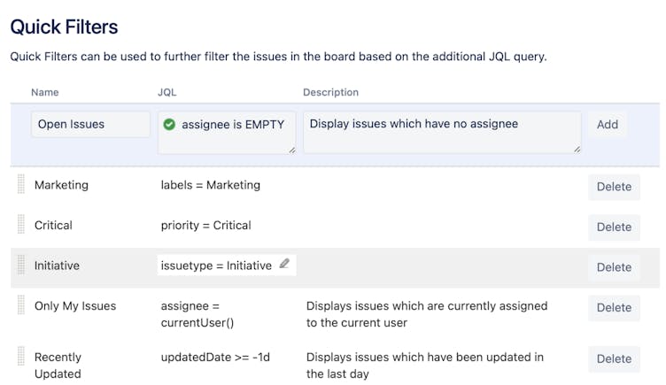 Screenshot showing how to add Quick Filters in Jira