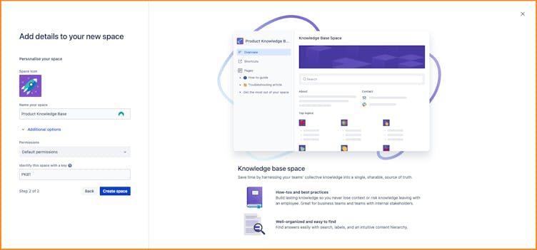 Confluence window showing the space name, icon, and additional settings