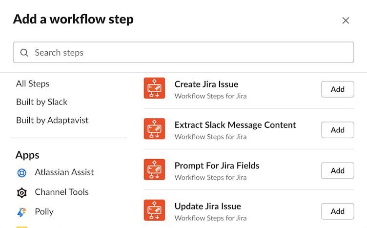 Screenshot showing how to add a workflow step in Workflow Steps for Jira