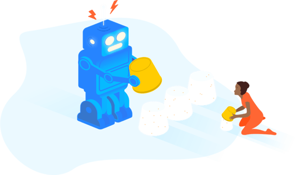 illustration of a robot and a figure building sand castles