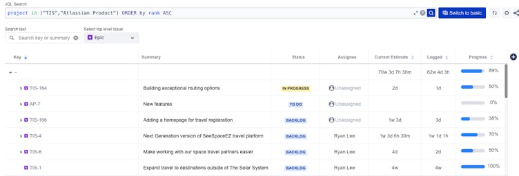 Screenshot showing how to report on epic progress in time tracking for Jira