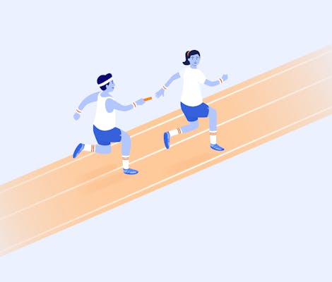two people running on a track and passing a baton
