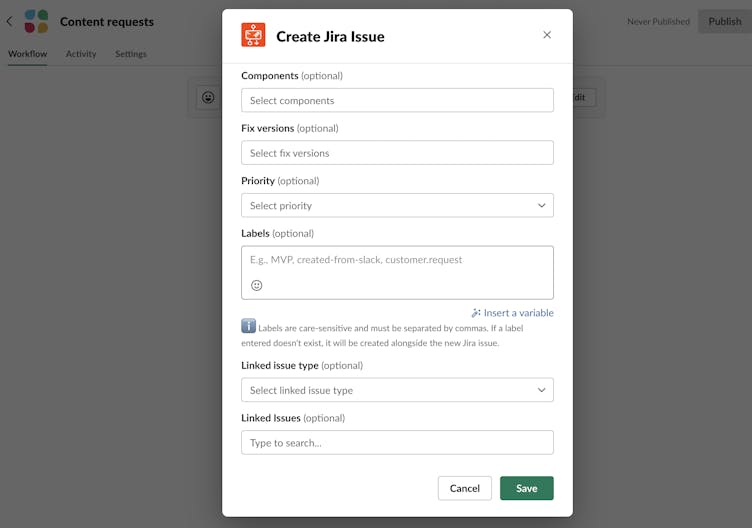 Jira and Slack screenshot showing how to access support labels in Workflow Steps for Jira app for Slack