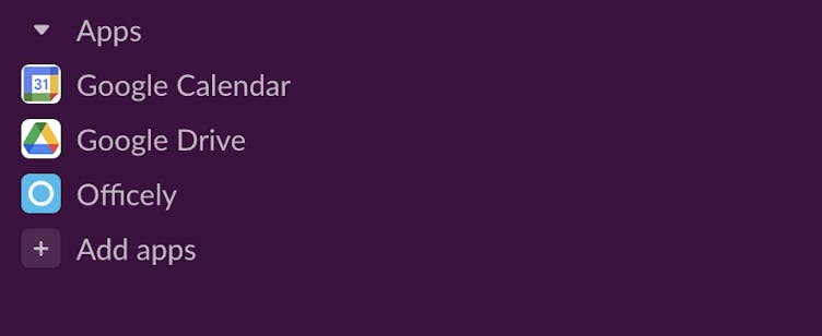 Screenshot of the apps tab in Slack