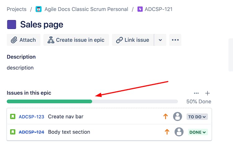 Screenshot of a progress report in Jira