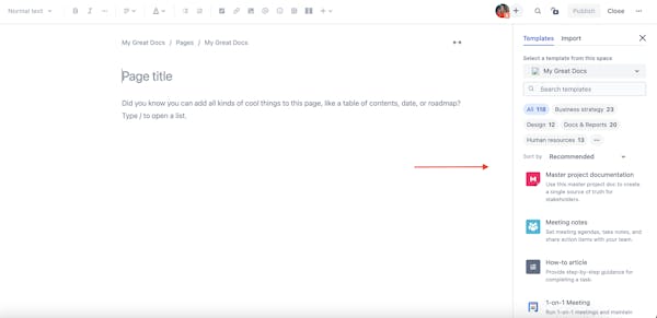 Screen showing the template sidebar in Confluence