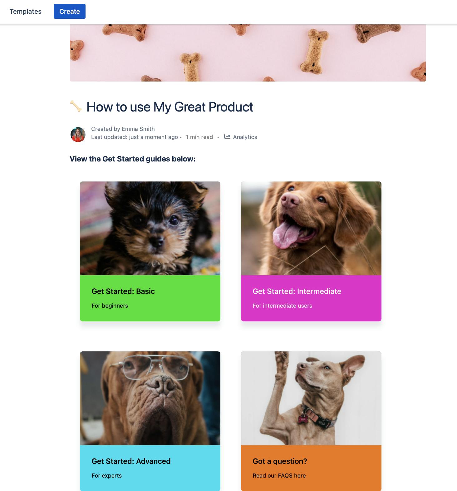 Screenshot of a Confluence page with bright text boxes and photos of dogs