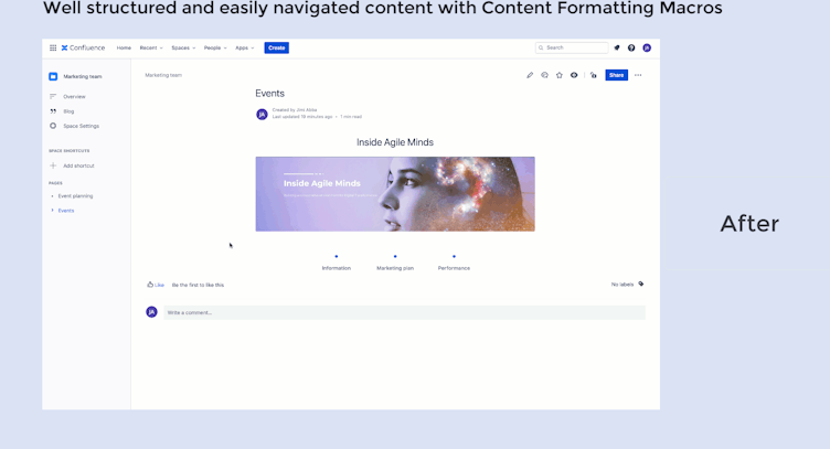 Gif of a well structured Confluence page using Content Formatting Macros