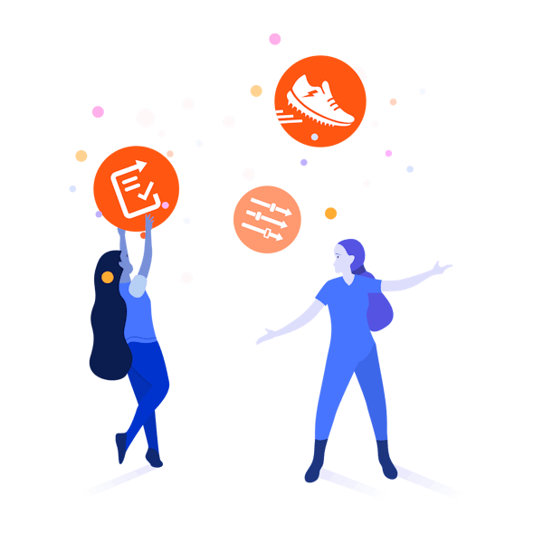 Two people juggling a set of icons
