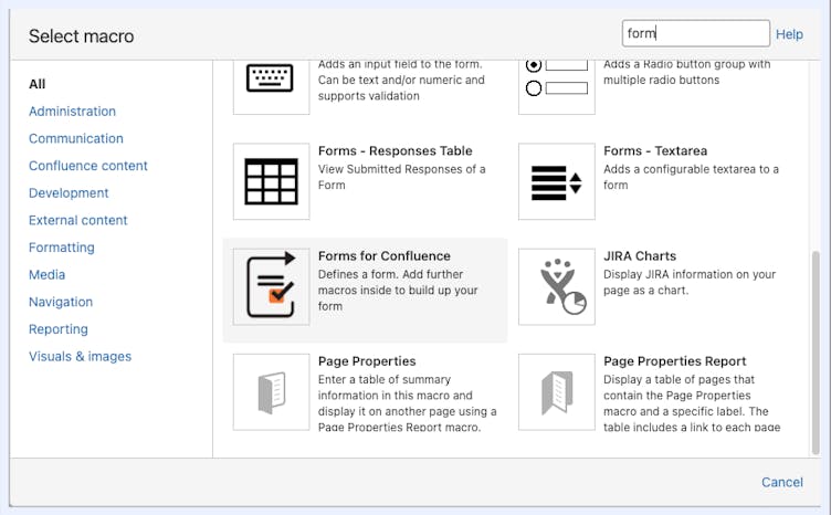 Screenshot showing how to select Confluence form macro