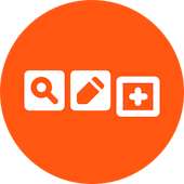 White icons on orange circle