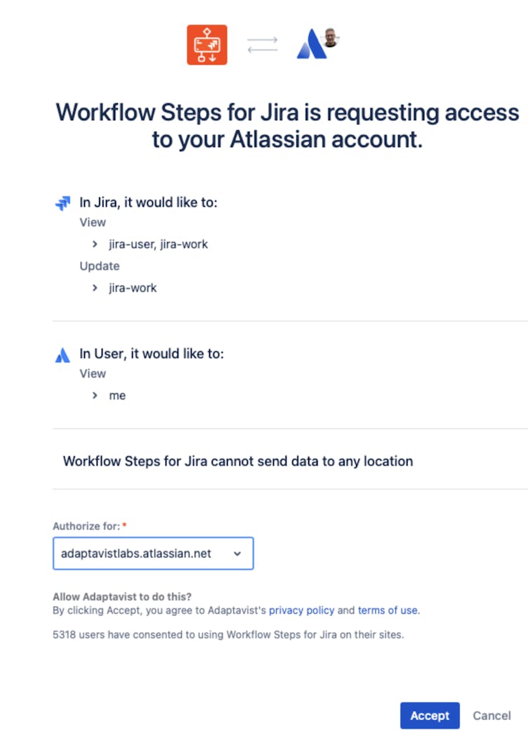 Screenshot authenticating Workflow Steps for Jira with Jira cloud