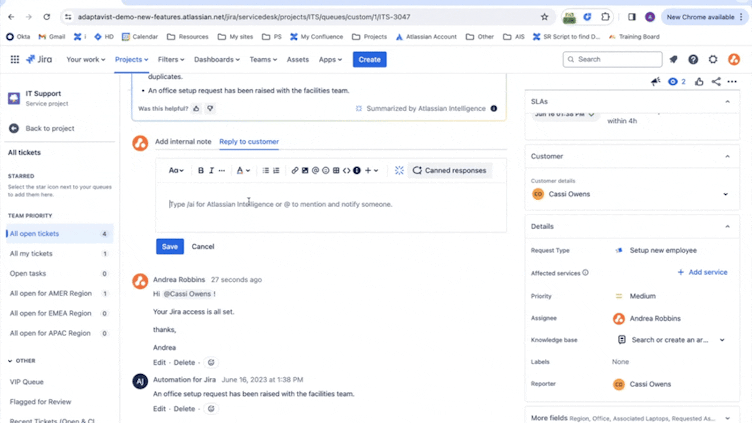 A demo of the Atlassian Intelligence feature in Jira Service Management changing the tone of voice when writing responses.