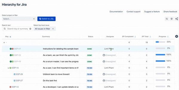 GIF showing issues within Jira