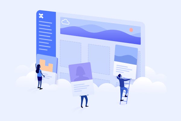 Small people adding large cards to a giant screen