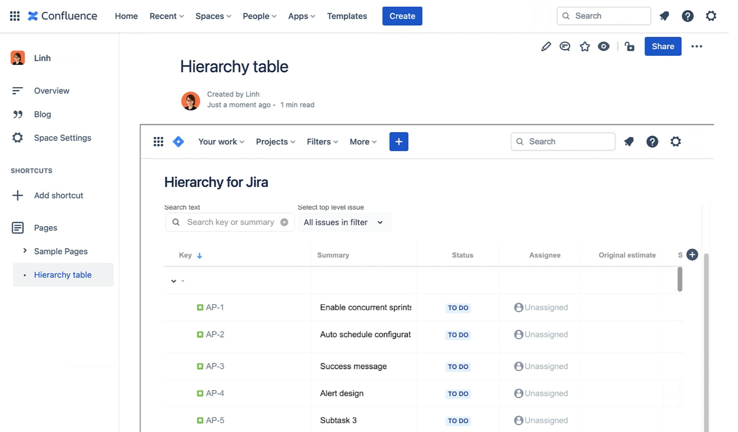 Jira hierarchy table