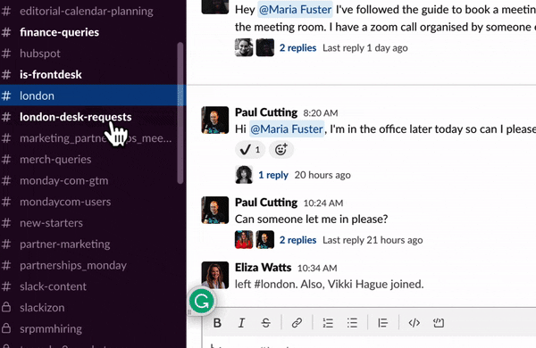 GIF showing how to leave a Slack channel