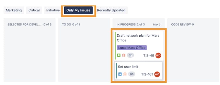 Screenshot showing how to filter down to "Only My Isues" using Jira Quick Filters