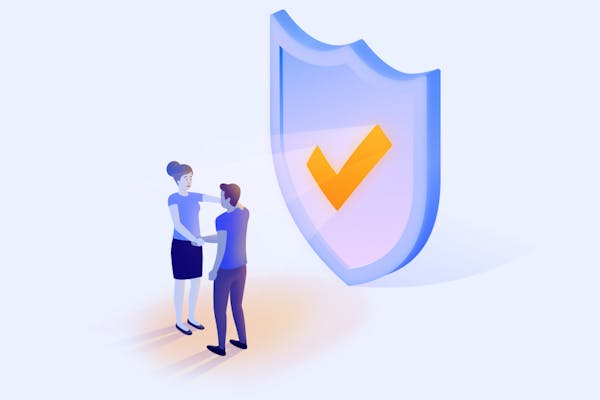 People shaking hands in the glow of an orange checkmark'd shield.