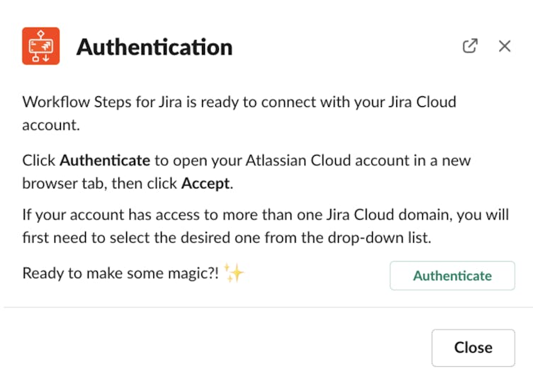 Screenshot showing how to authenticate a Jira instance in Slack