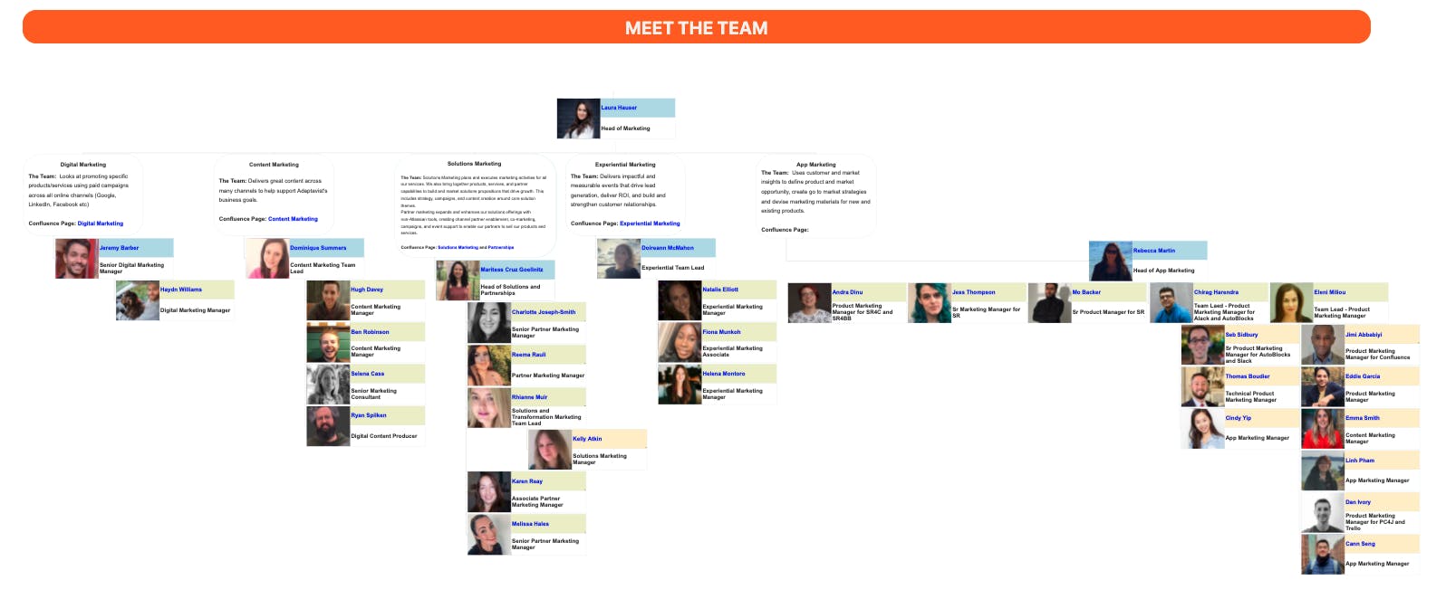 Screenshot of a company organisational chart, showing a map of profile photos and job titles