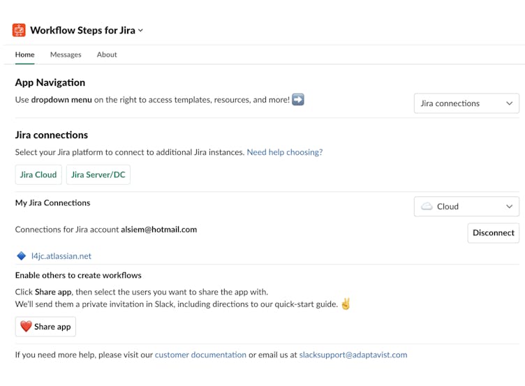 Screenshot showing the Workflow Steps for Jira app home tab