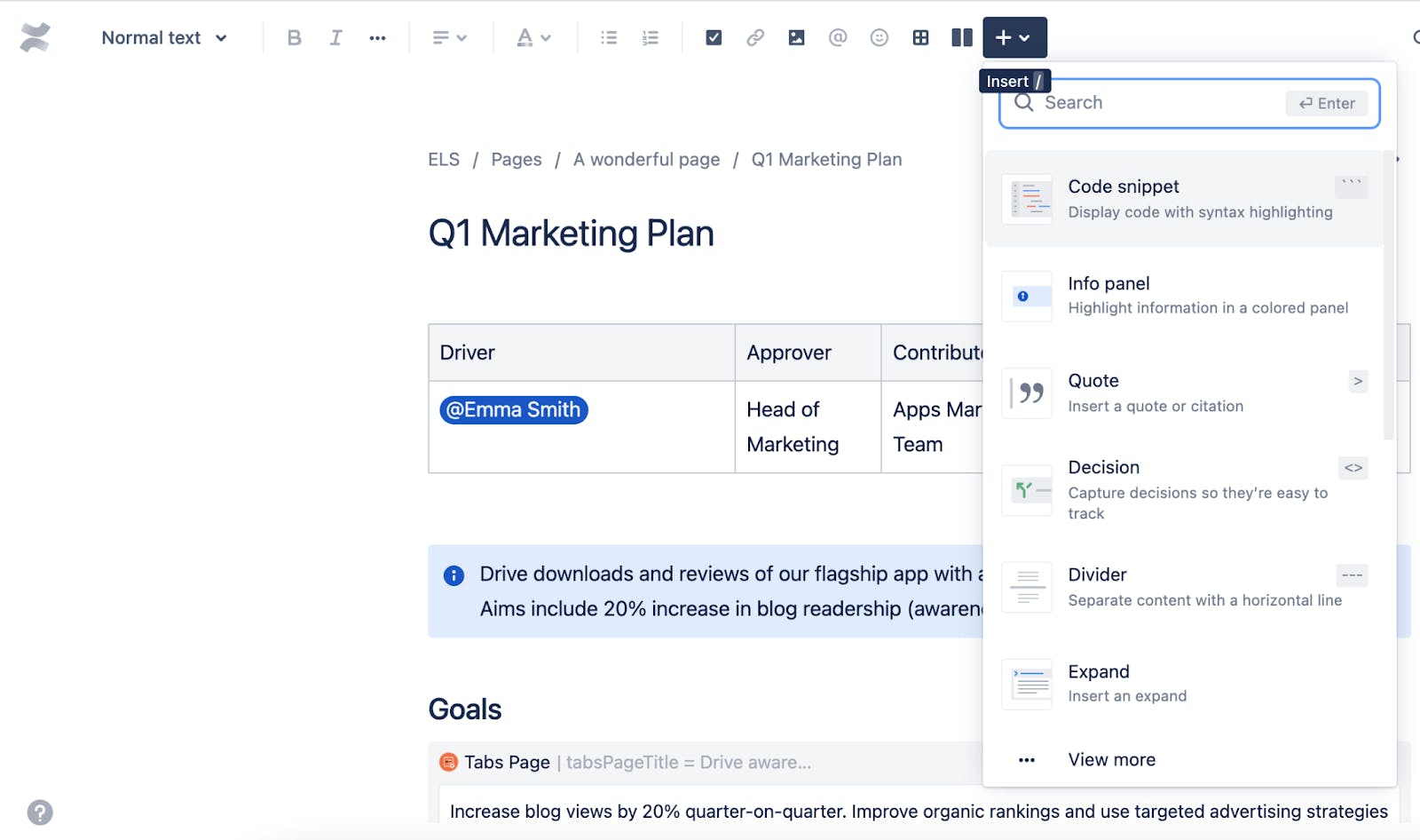 Screenshot of Confluence Macros in use