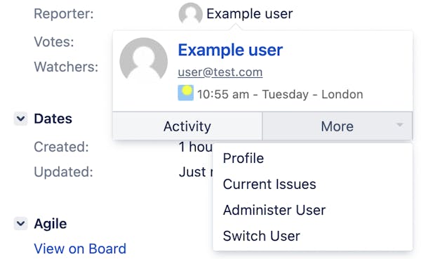 Switch user when hovering over a user profile within an issue screenshot