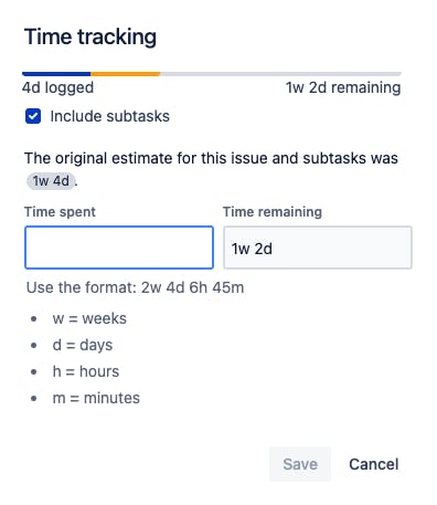 Screenshot showing the time tracking function in Jira