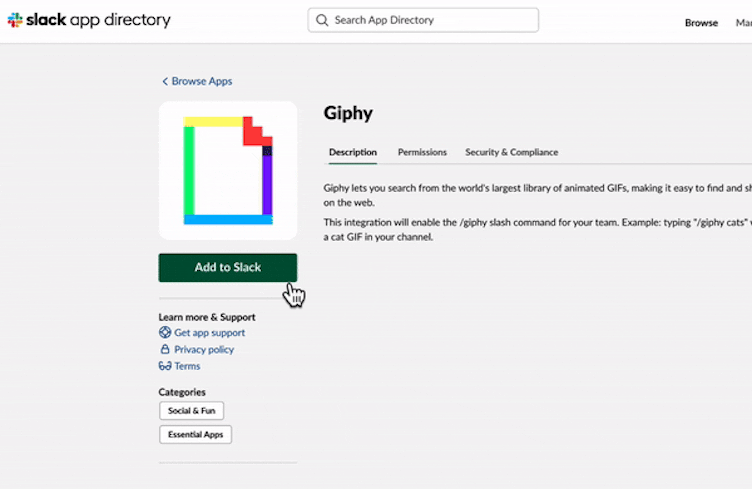 GIF showing how to add the GIPHY app to Slack