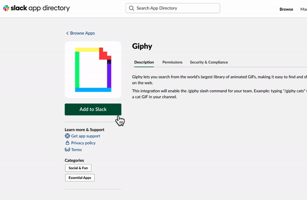 GIF showing how to add the GIPHY app to Slack
