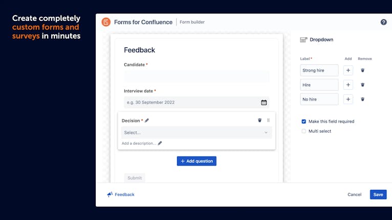 Screen showing a form builder in Confluence