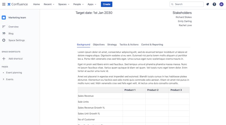 Confluence page segmented by Tabs macro