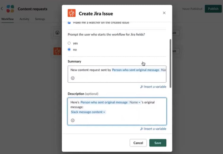 Screenshot showing the workflow step fields