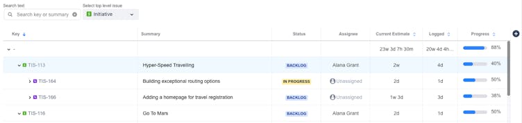 Screenshot showing how to filter your project initiatives in time tracking for Jira