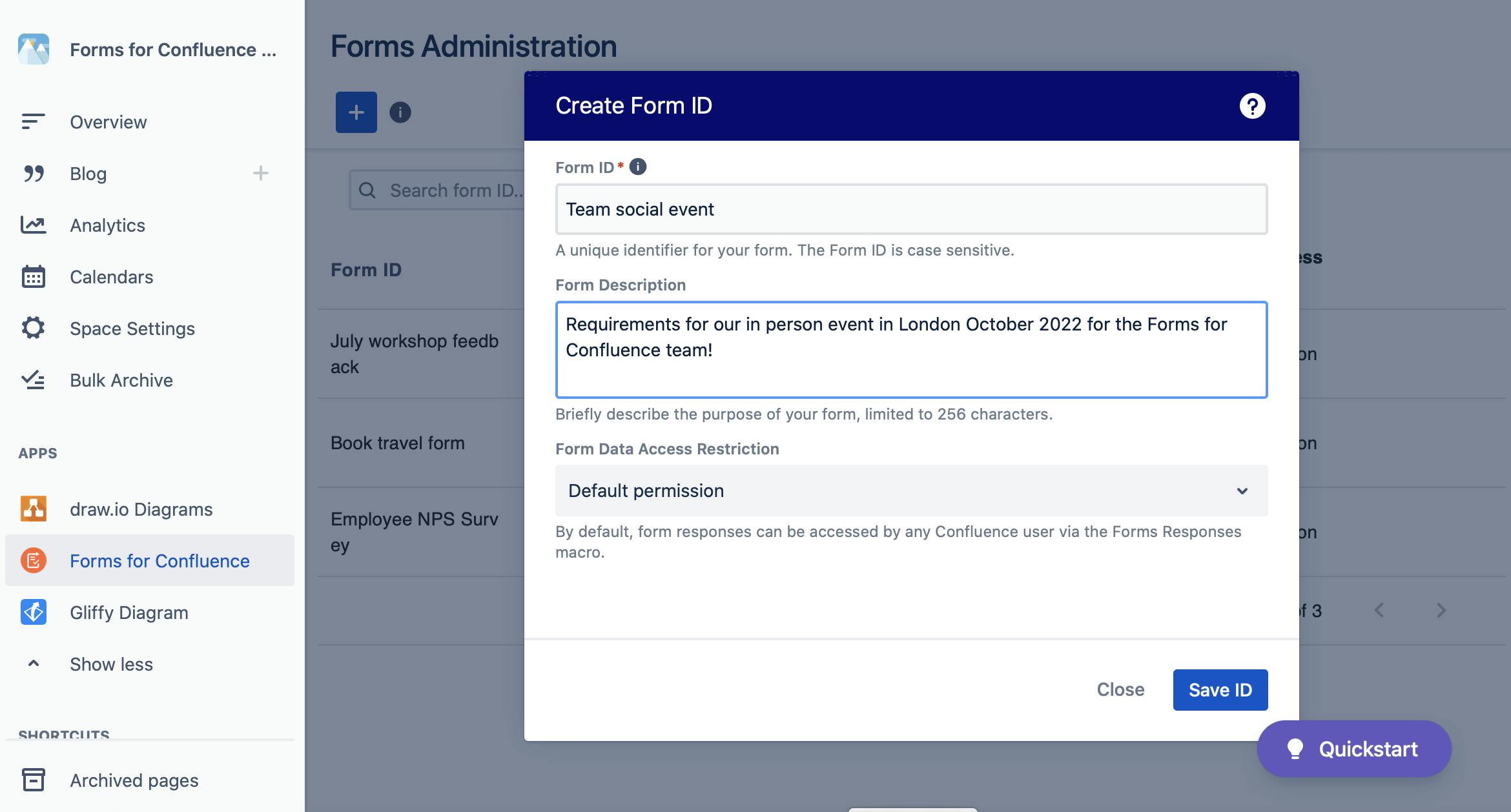 Forms for Confluence back end with form to enter form ID
