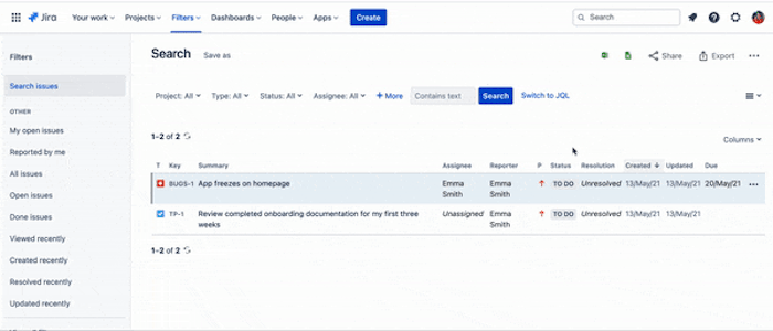 Gif showing how to use advanced search in Jira