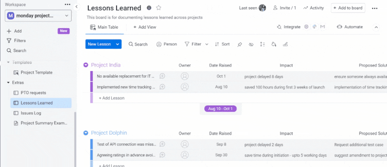 GIF showing how to log lessons learned in monday.com