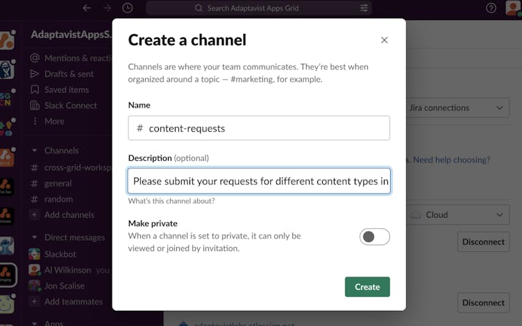 Screenshot showing how to create a Jira issue from Slack