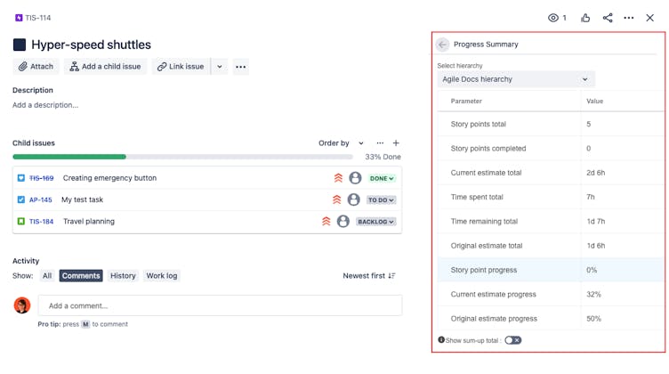 Progress summary in time tracking for Jira