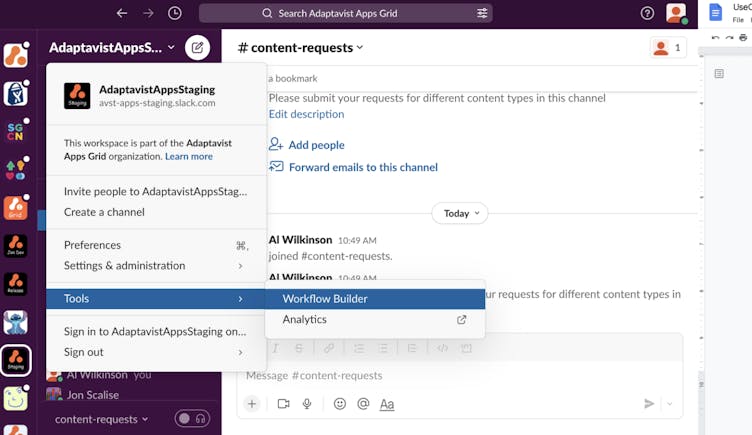 Screenshot showing how to access the Slack Workflow Builder