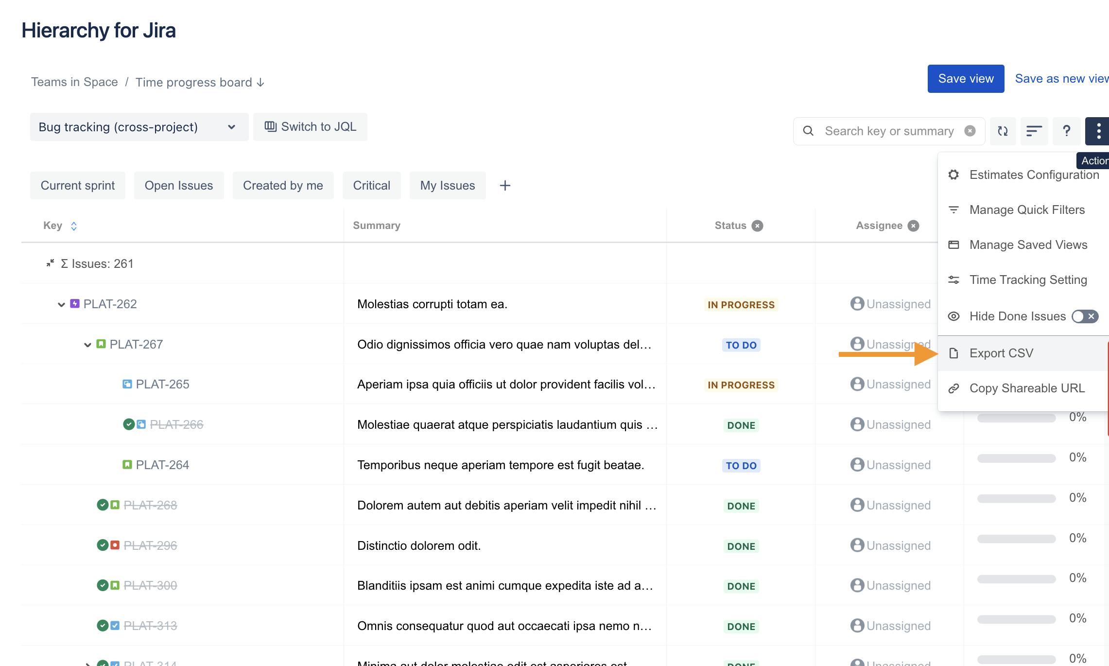 Arrow pointing to "export CSV" in Jira