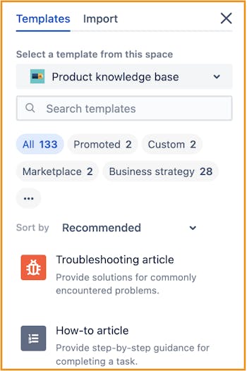Screenshot of Confluence's template sidebar with the knowledge base template selected