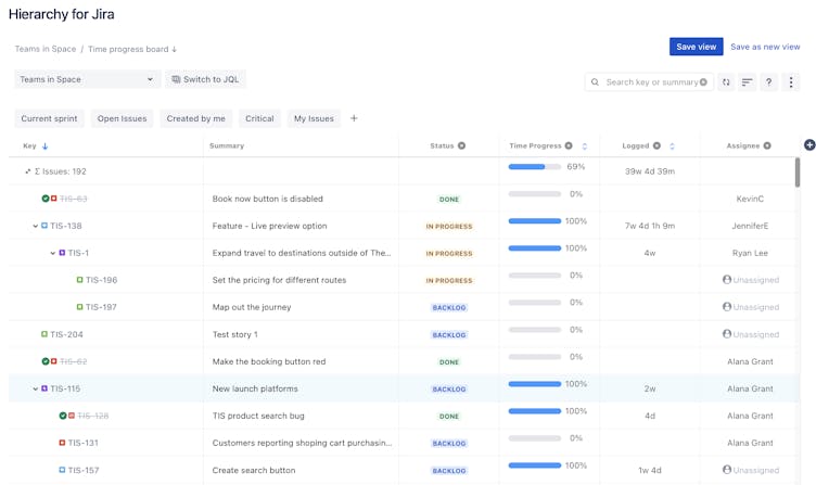 Screenshot of the main user interface for Hierarchy for Jira, showcasing enhanced agile project management in Jira.