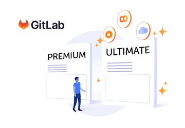 Man looking at GitLab Premium and GitLab Ultimate cards